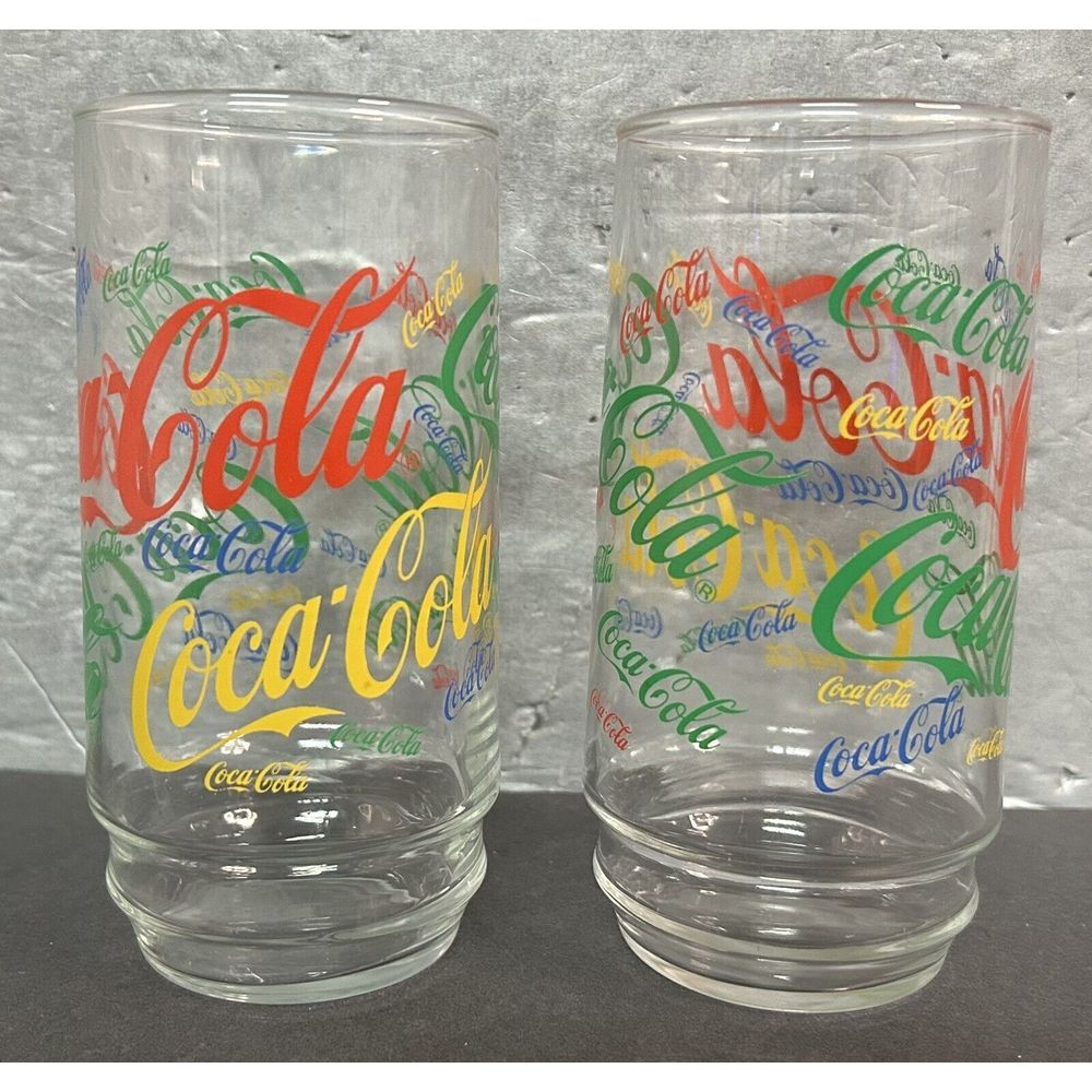 (2) 16oz Script Coca-Cola‎ Glasses Multi Colored Red Blue Green Yellow 1980's